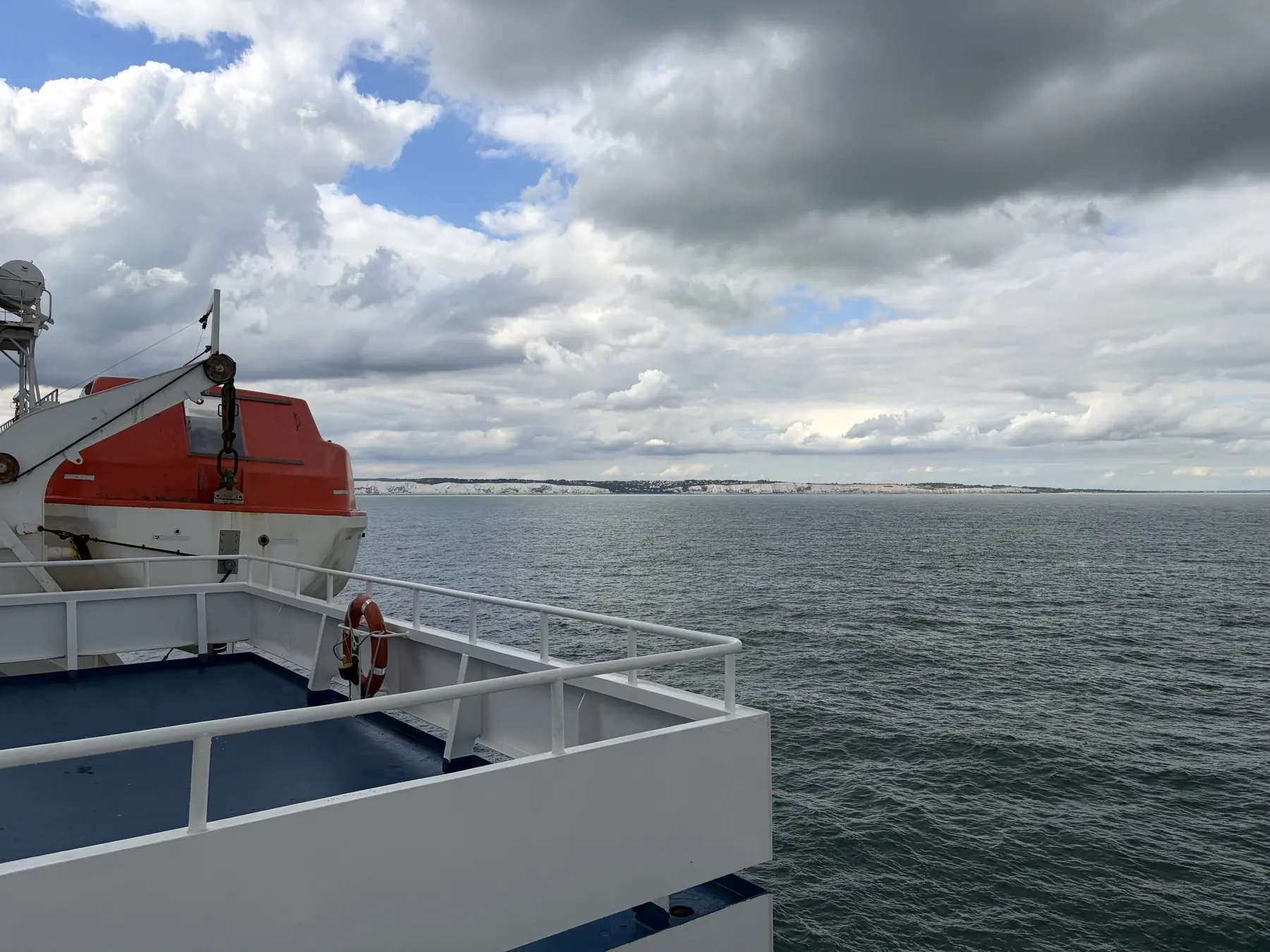 Lifeboat on the deck with the White Cliffs of Dover in view