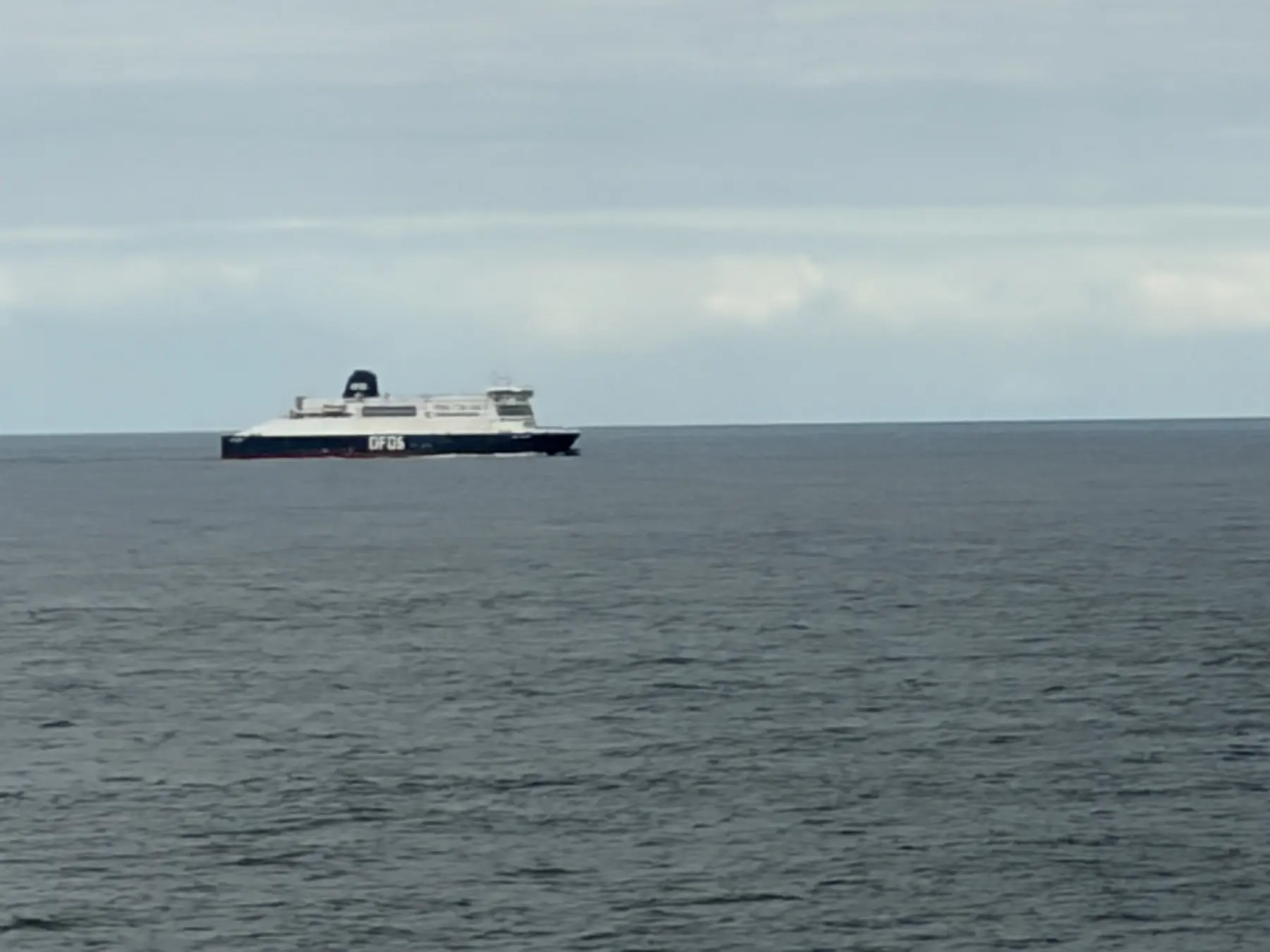 An oncoming DFDS ferry in the middle of the Channel