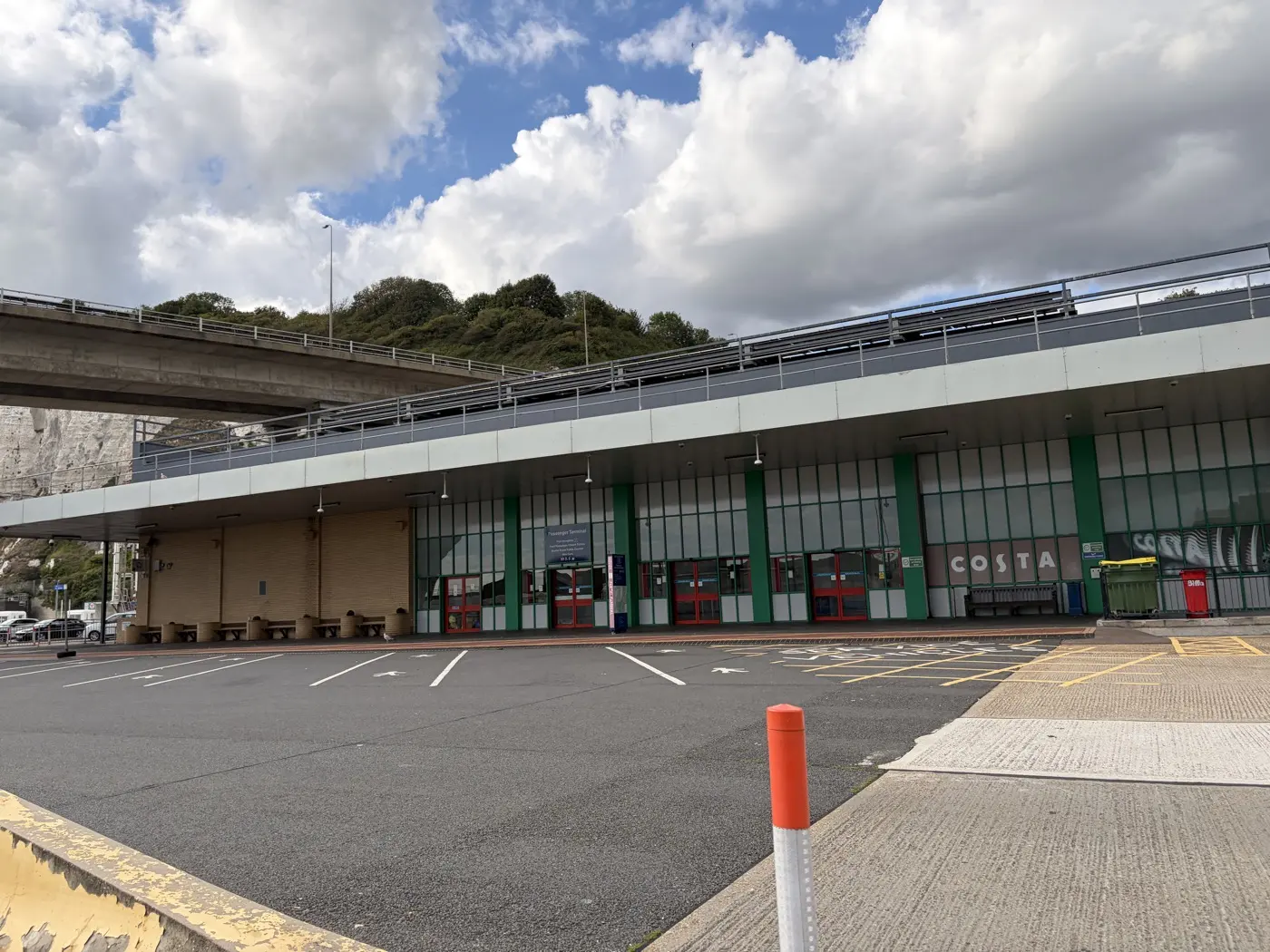 Check-in booths at Dover Eastern Docks below the White Cliffs