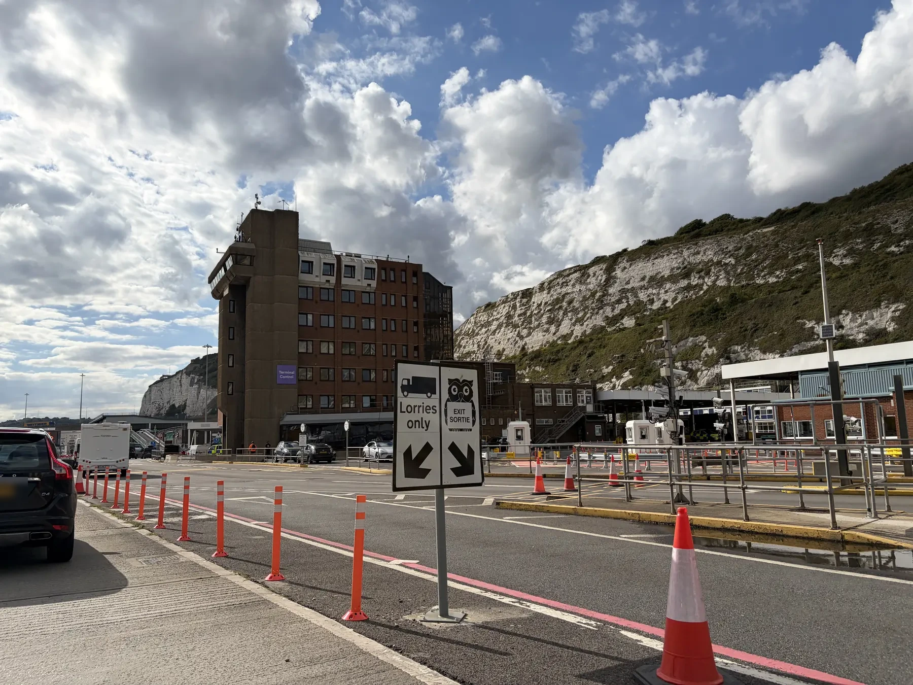 Arriving at the Dover Eastern Docks terminal, the White Cliffs above